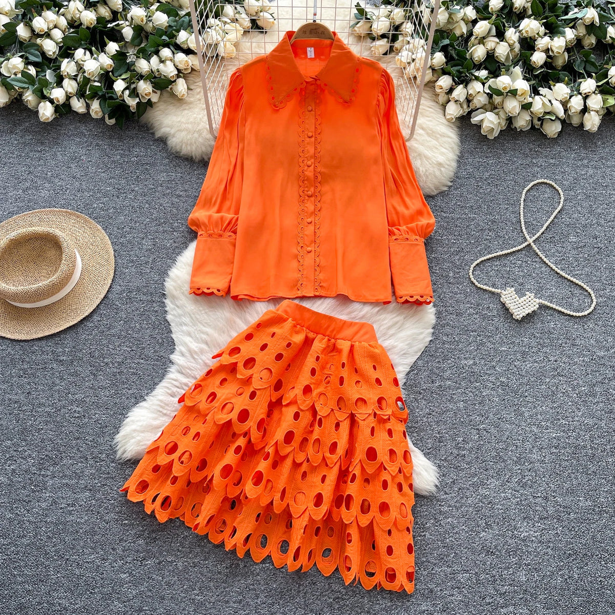 Crochet Floral Button Long Sleeve Dress
