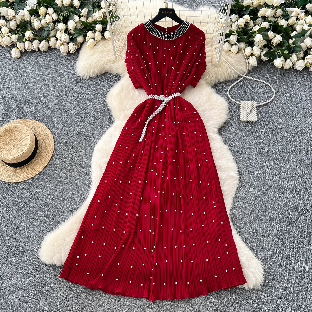 Beaded Chain Short Sleeve Slim Dress
