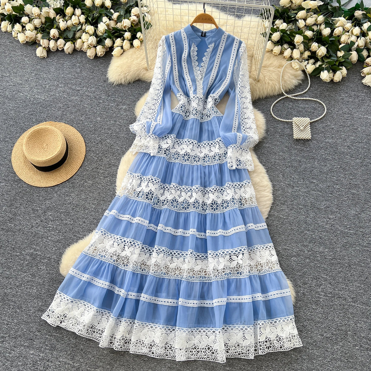 Lantern Sleeve Ruffle Paneled Maxi Dress