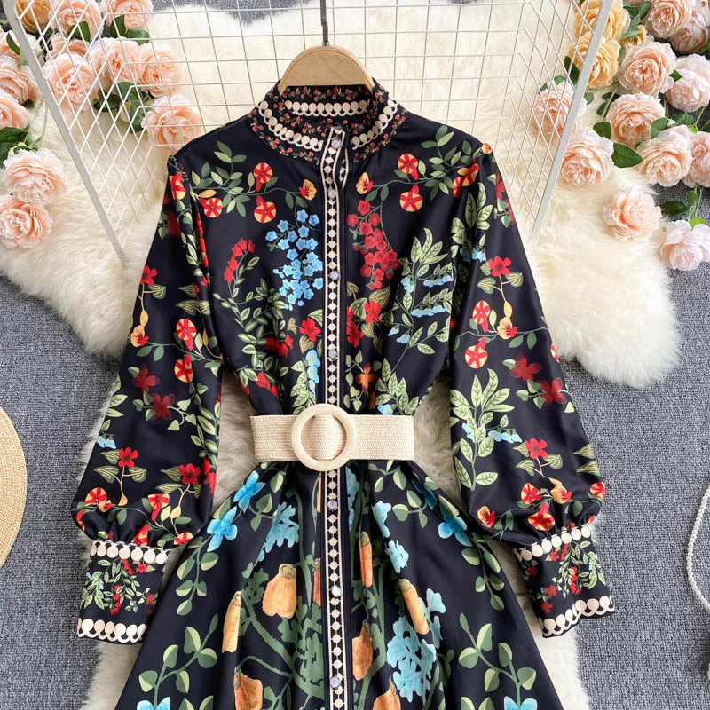 French Floral Puff Sleeve Button Dress