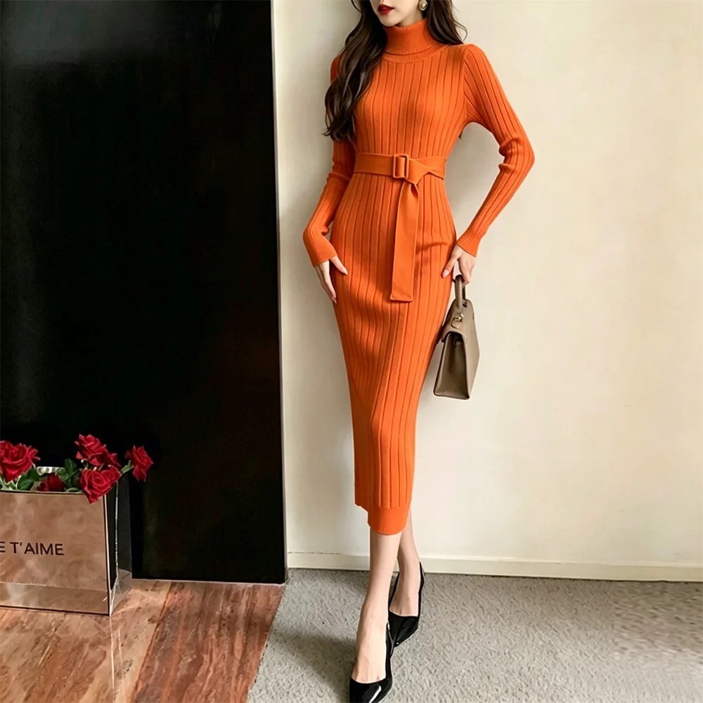 Ribbed Turtleneck Bandage Knit Maxi Dress