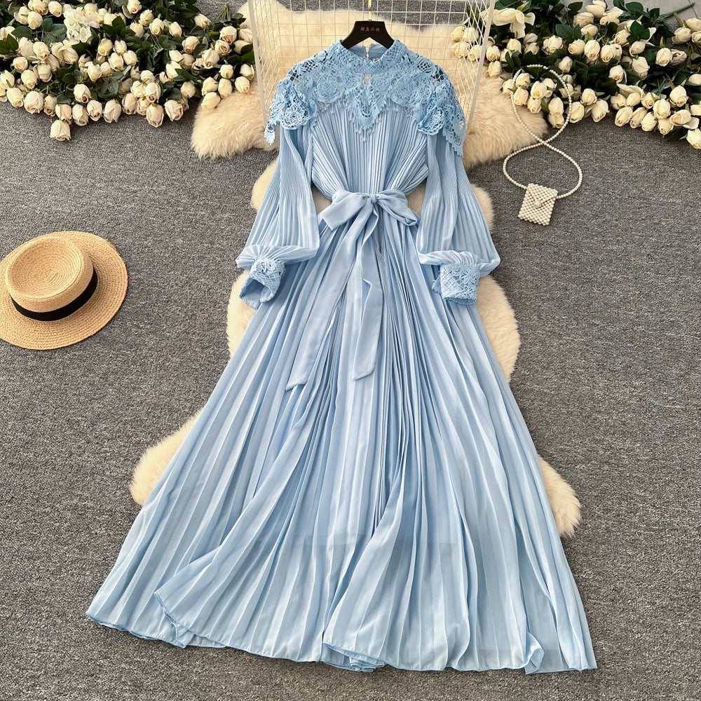 Hollow Out Lace-Up Long Sleeve Maxi Dress
