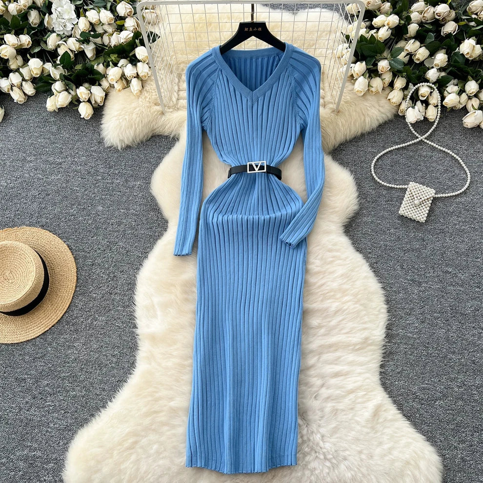 Ribbed Belted Knit Wrap Maxi Dress