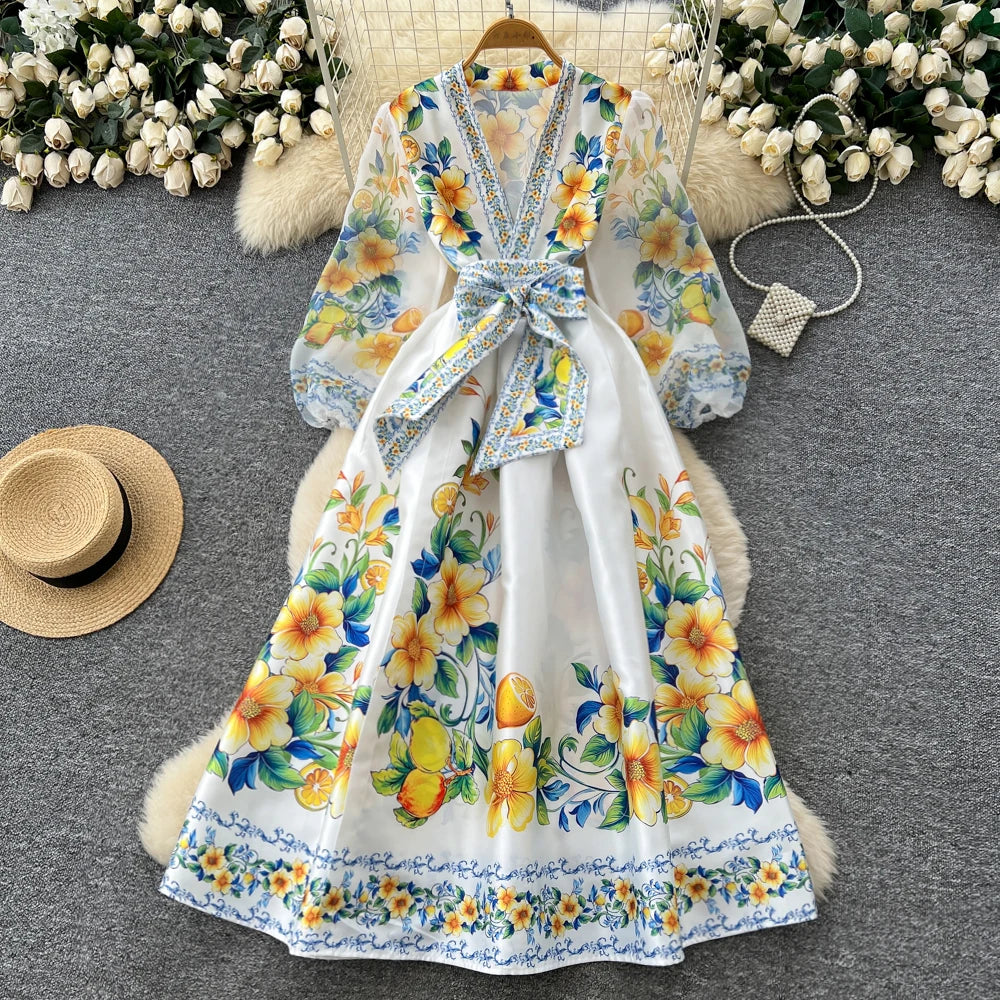 V-Neck Lantern Sleeve High Waist Dress
