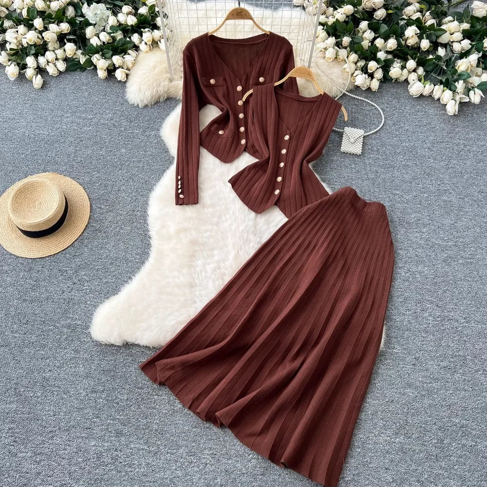 Knit Vest Cardigan and Skirt Three Piece Set