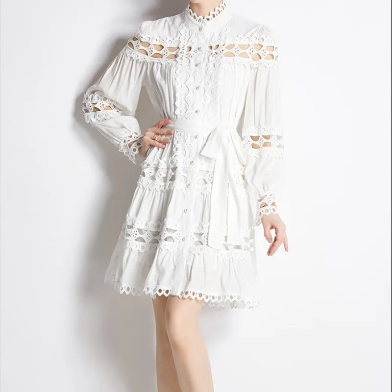 Lace Cutout Lantern Sleeve A-Line Dress