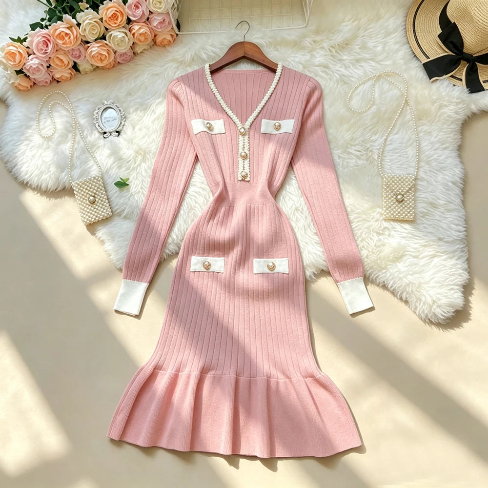 V-Neck Ruffled Knit Bodycon Party Dress