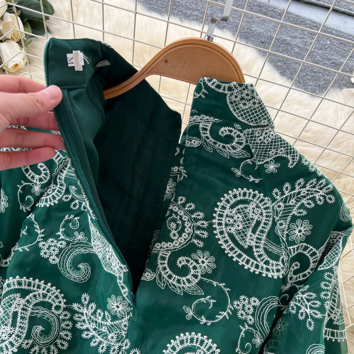 Embroidered Tie Waist Lantern Sleeve Maxi Dress
