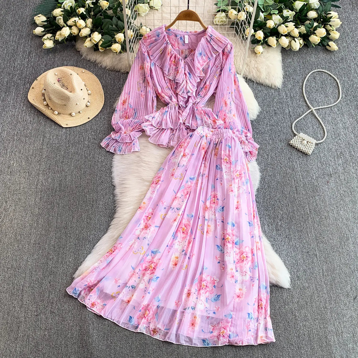 Ruched Print Long Sleeve Two-Piece Set