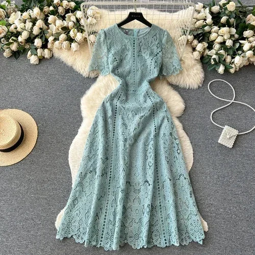 Solid Lace Cutout Ruffle Sleeve Long Dress