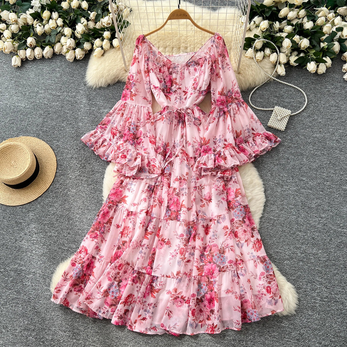 Pleated Print Flare Sleeve Long Dress