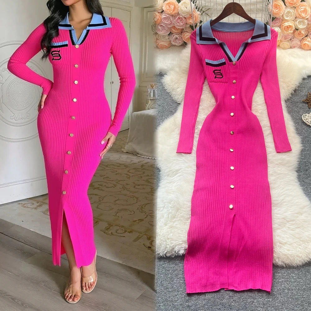 Embroidered Knit Party Sweater Dress
