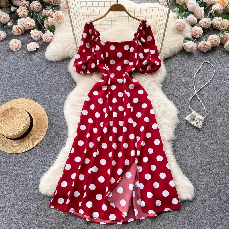 Vintage Polka Dot Puff Sleeve Maxi Dress