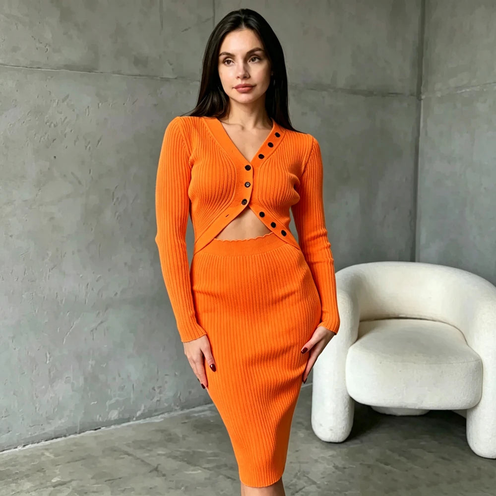 Cutout Waist Button V-Neck Knit Dress