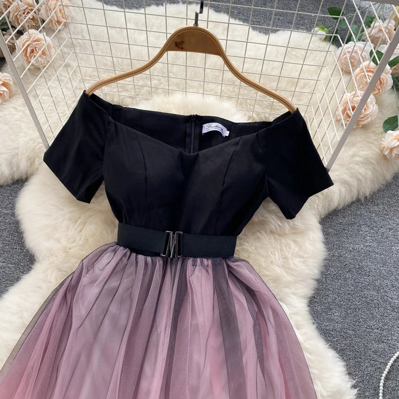 Belted Boat Neck Short Sleeve A-Line Dress