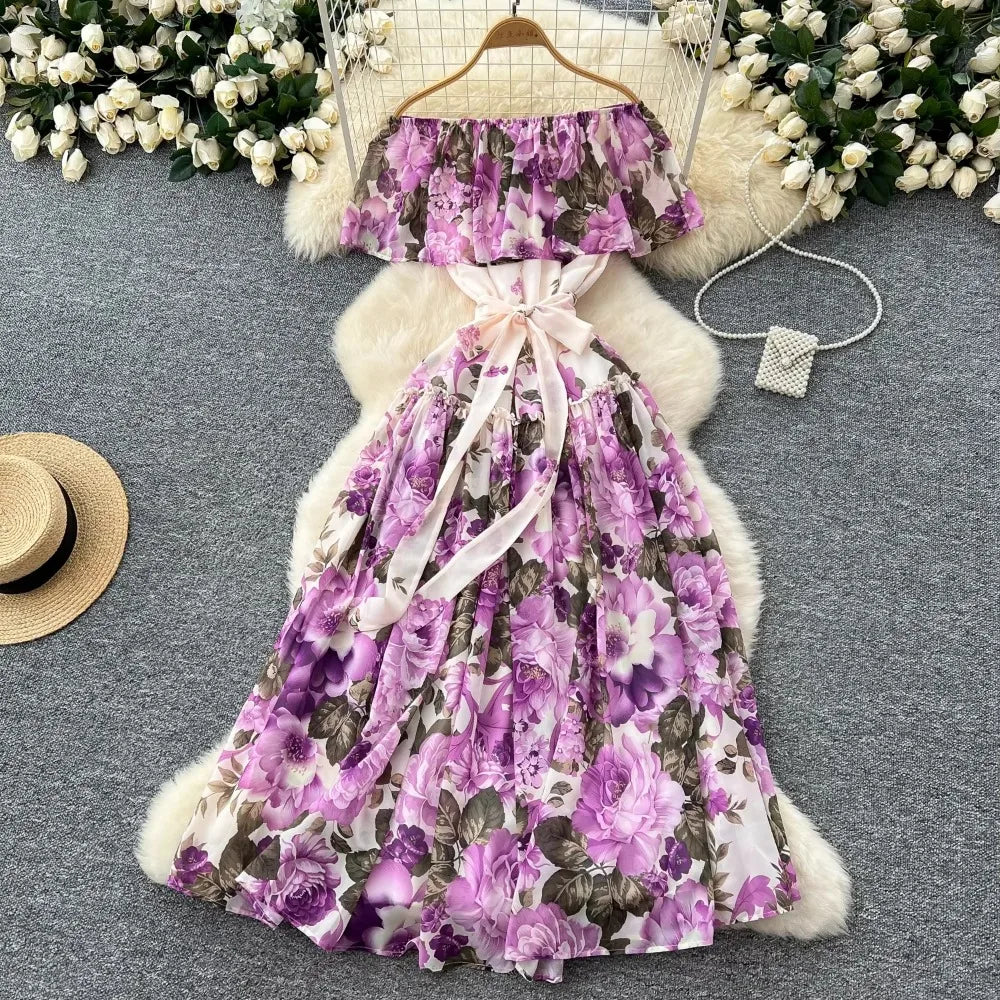 Ruffle Print Cape Sleeve Chiffon Dress