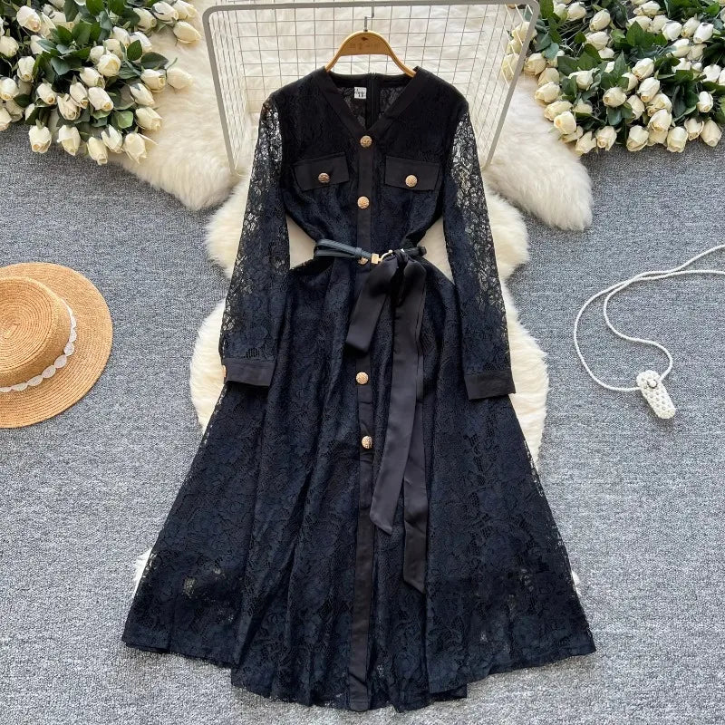 Metal Buckle Lace Bandage Long Dress