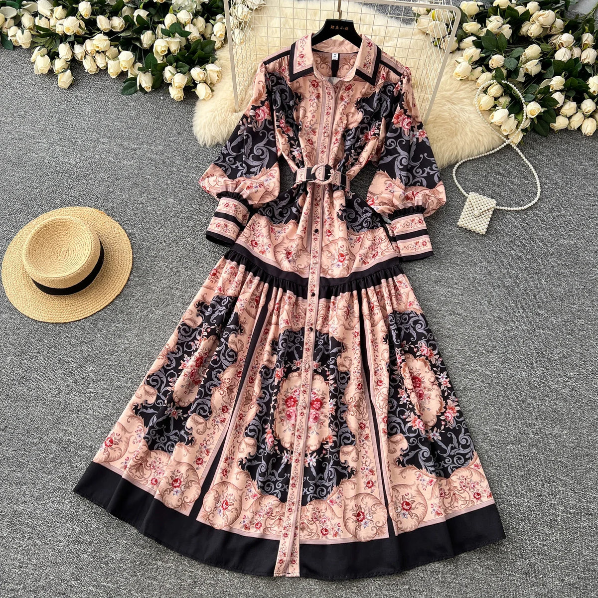 Print Single Breasted Puff Sleeve Dress