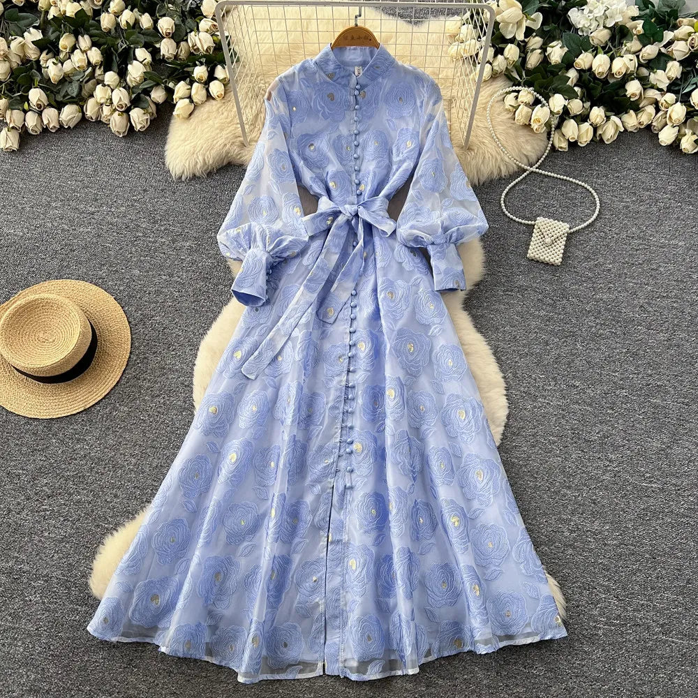 Intricate Embroidered Lantern Sleeve Maxi Dress