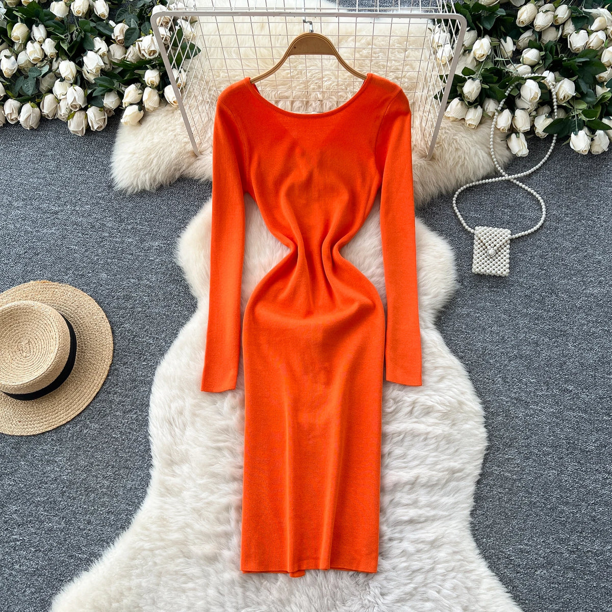 Solid Zip Front Long Sleeve Pencil Dress