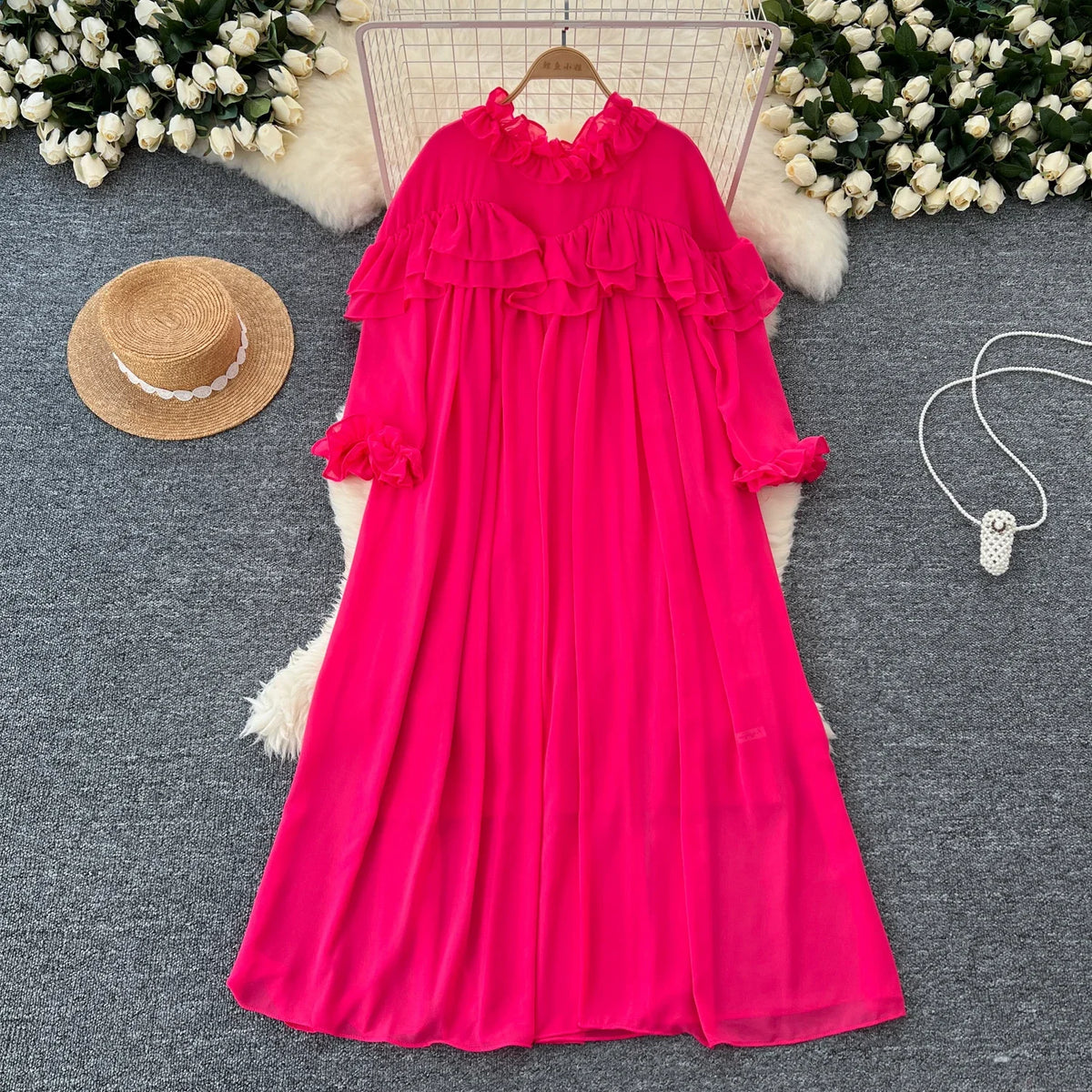 Pleated Chiffon Long Sleeve A-Line Dress