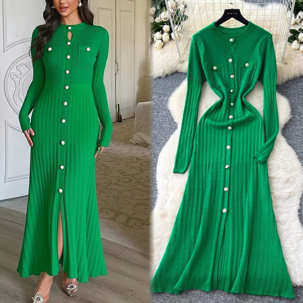 Button Front Knit Maxi Sweater Dress