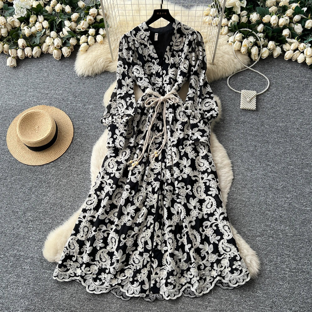 Embroidered V-Neck Long Sleeve Maxi Dress