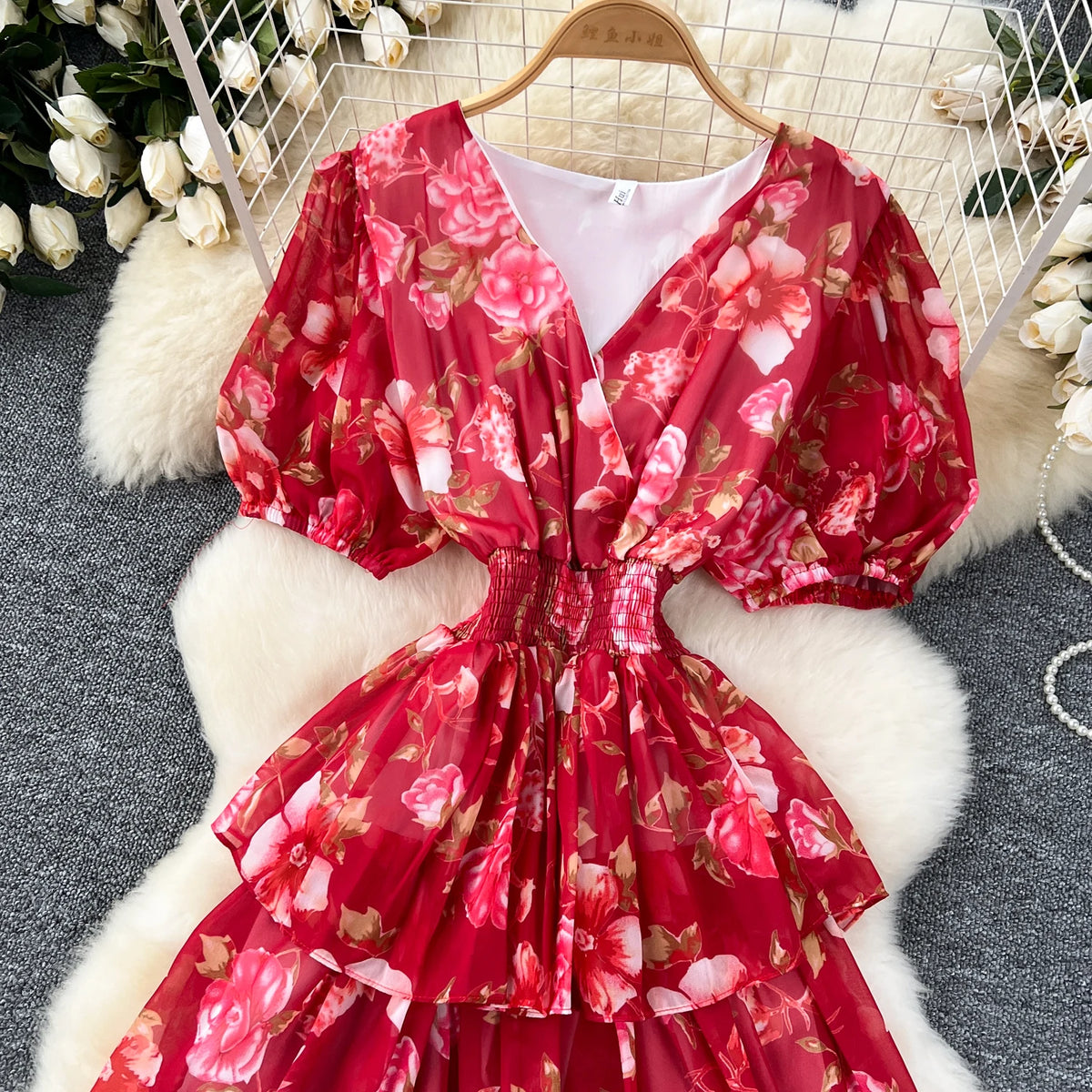 Floral V-Neck Chiffon Resort Dress