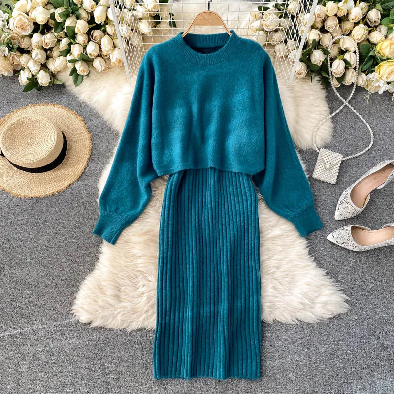 Turtleneck Knit Pencil Dress Two-Piece Set