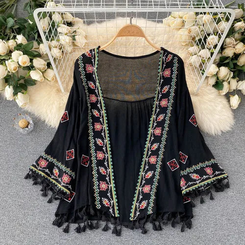 Embroidered Tassel Sheer Beach Cover-Up Dress