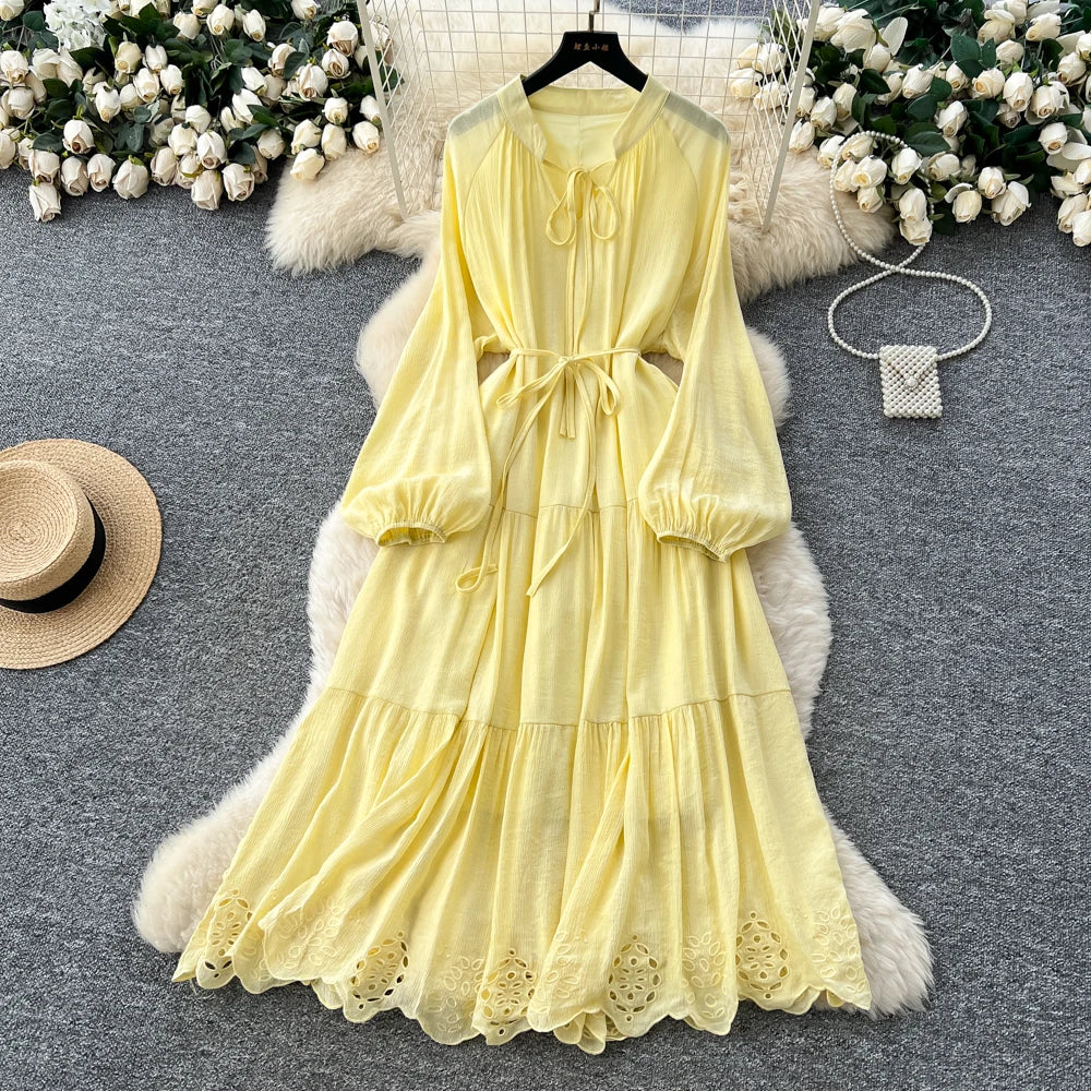 Embroidered Lantern Sleeve Party Dress