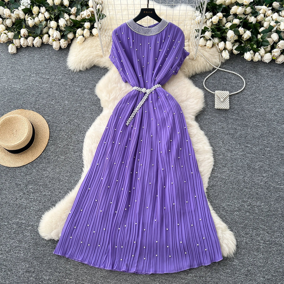 Beaded Chain Short Sleeve Slim Dress