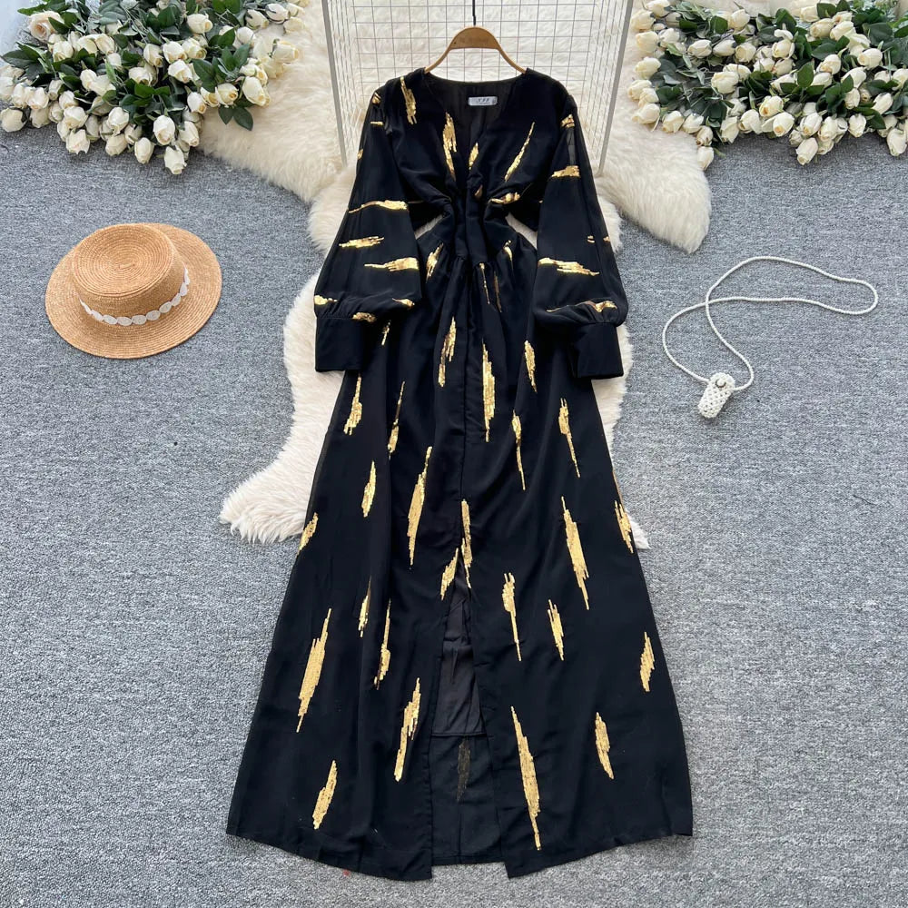 Embroidered Split V-Neck Long Sleeve Dress