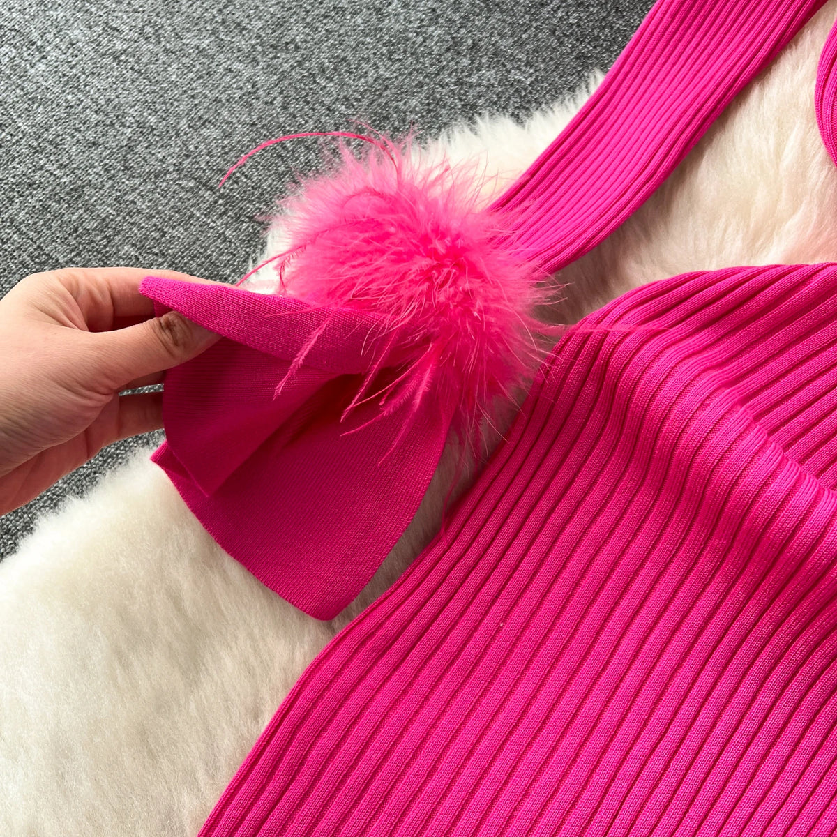 Fur Cuff Knit Wrap Bodycon Maxi Dress