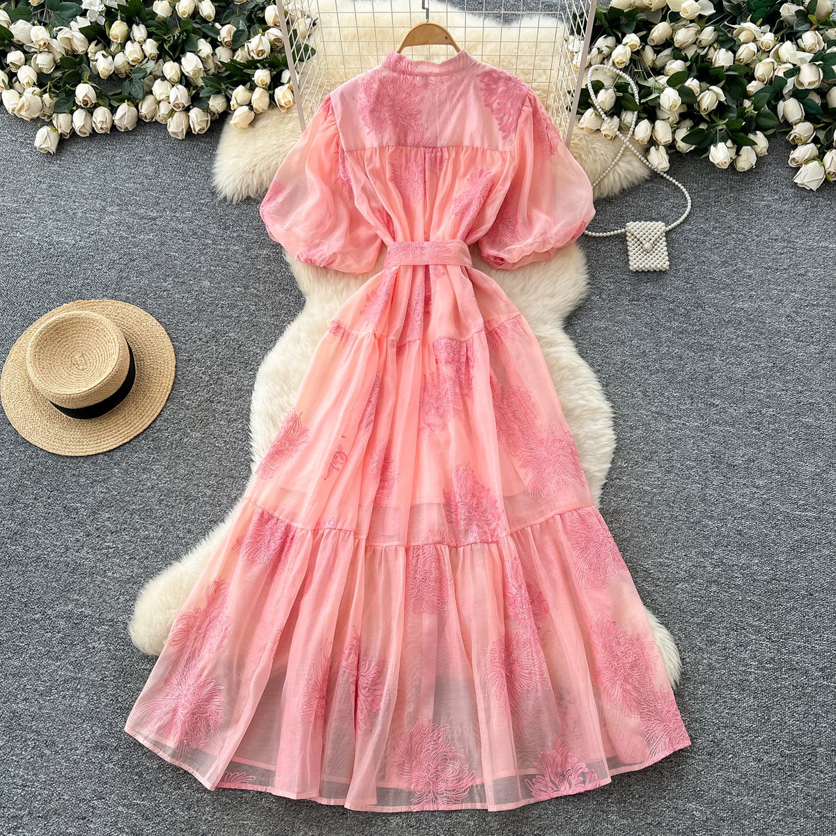 Mesh Print Button Boho Maxi Sundress