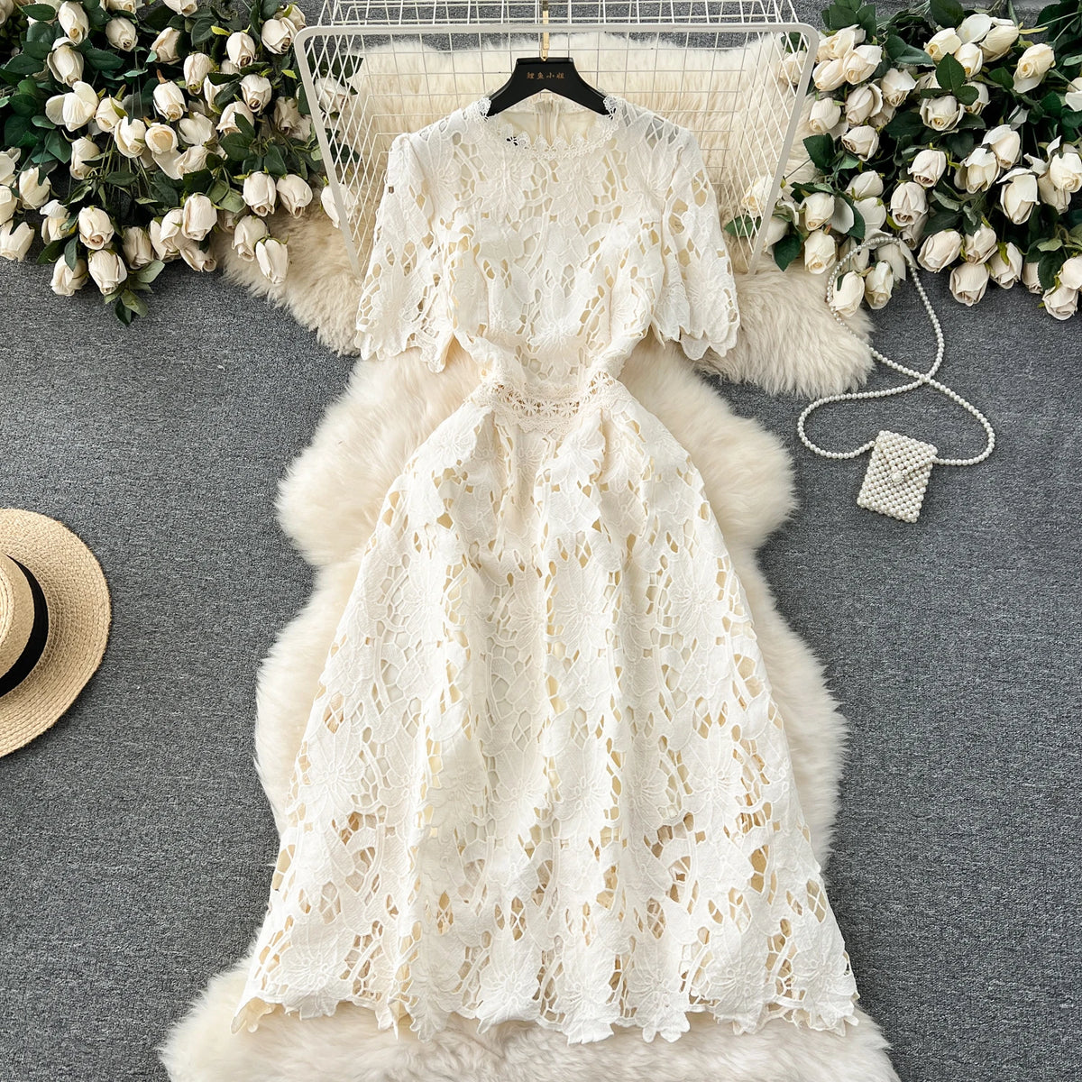 Lace Cutout Short Sleeve A-Line Dress