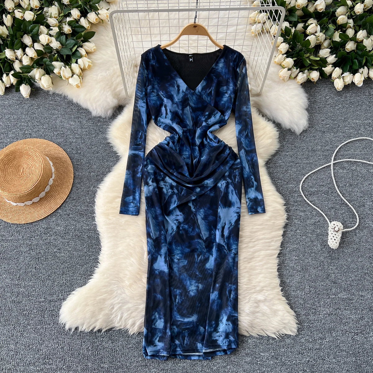 Pleated Mesh Print V-Neck Dress