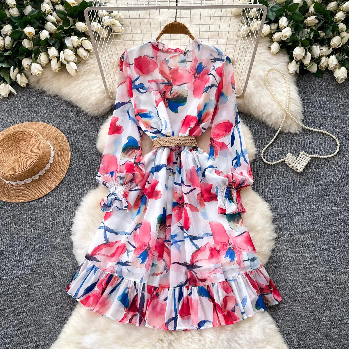 Print Chiffon Lantern Sleeve Midi Dress