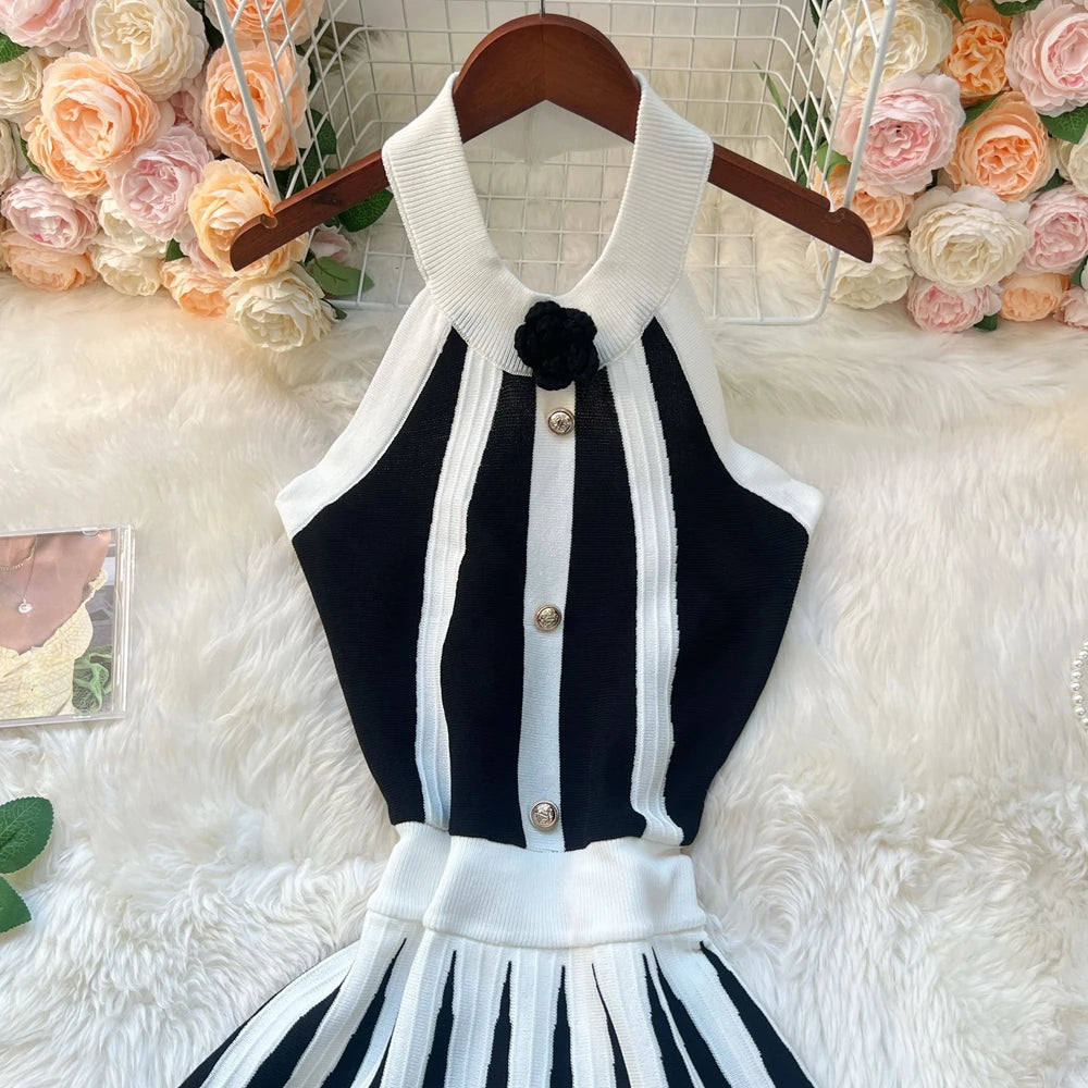 Flower Halter Knit A-Line Mini Dress