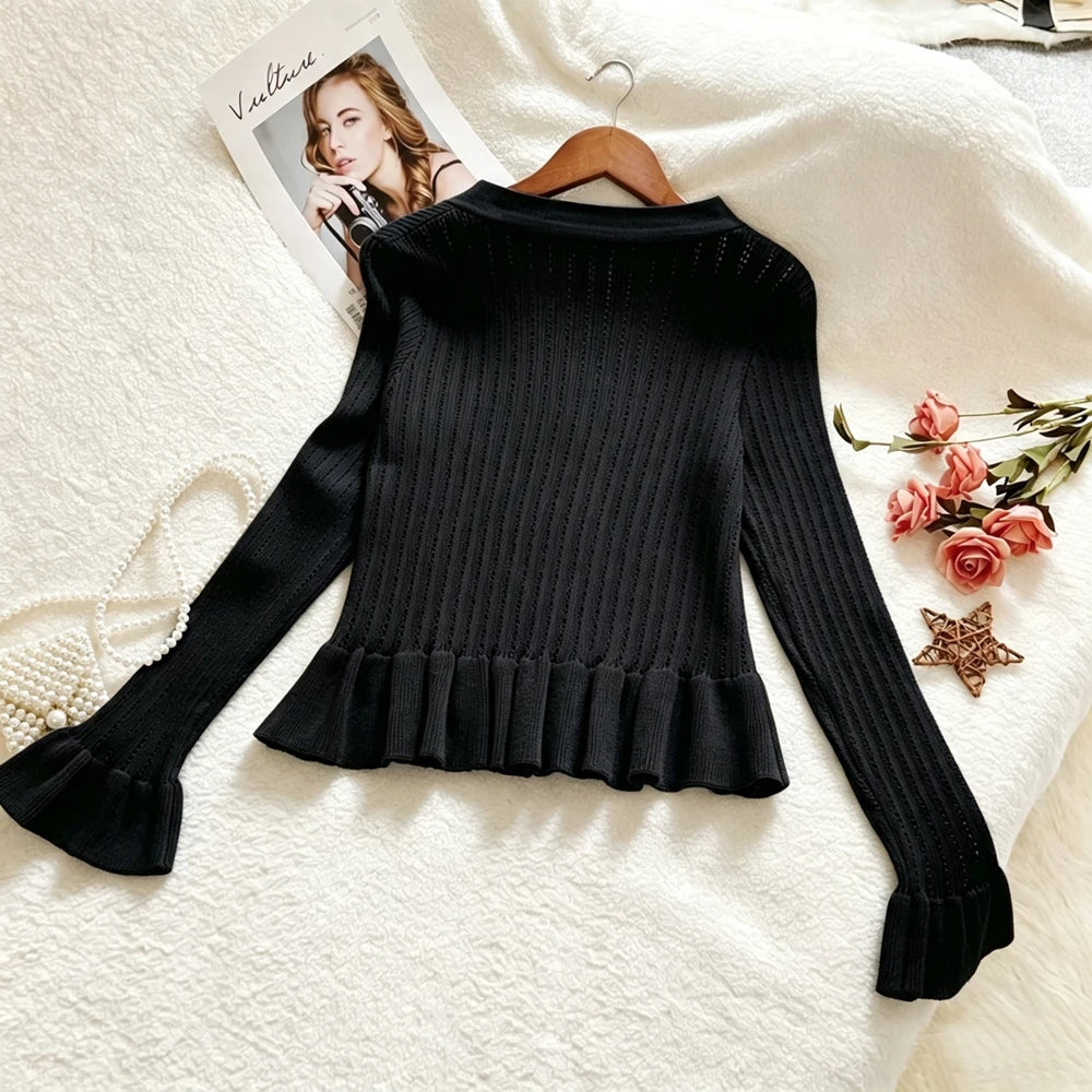 Rhinestone Ruffled Knit Cardigan