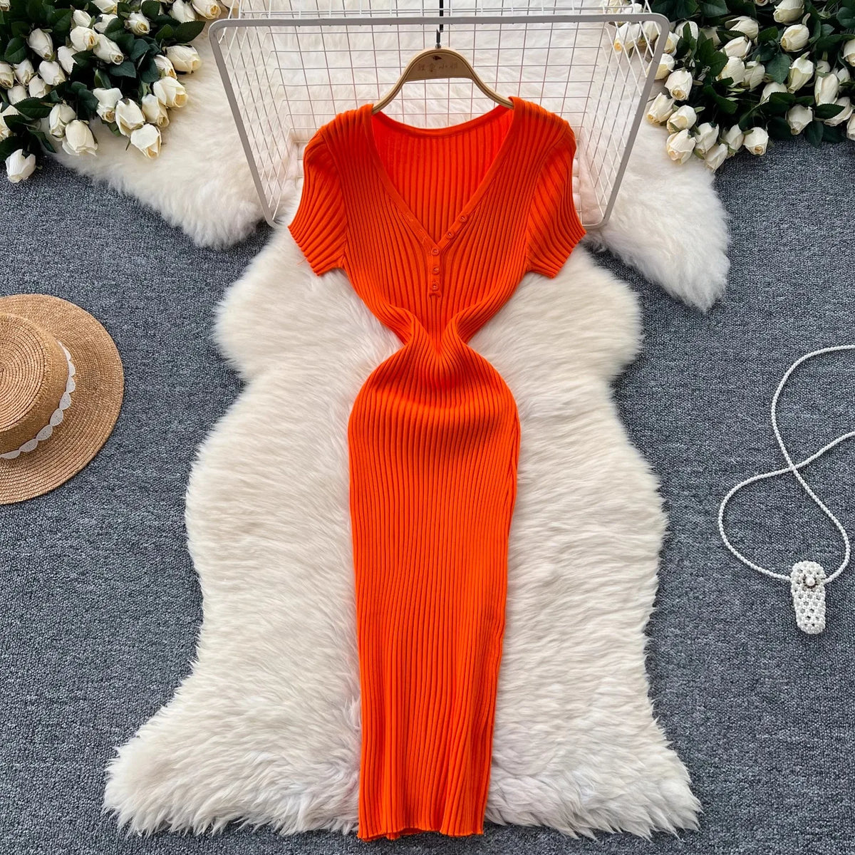 Shimmer V-Neck Knit Bodycon Dress