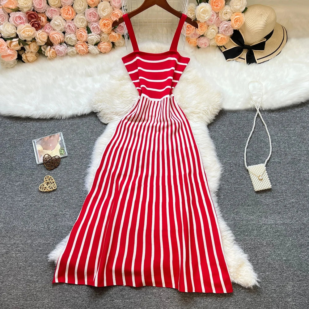 Striped Patchwork Knit Strappy Maxi Dress