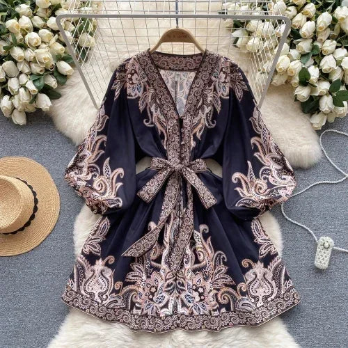 Print Puff Sleeve V-Neck Mini Dress
