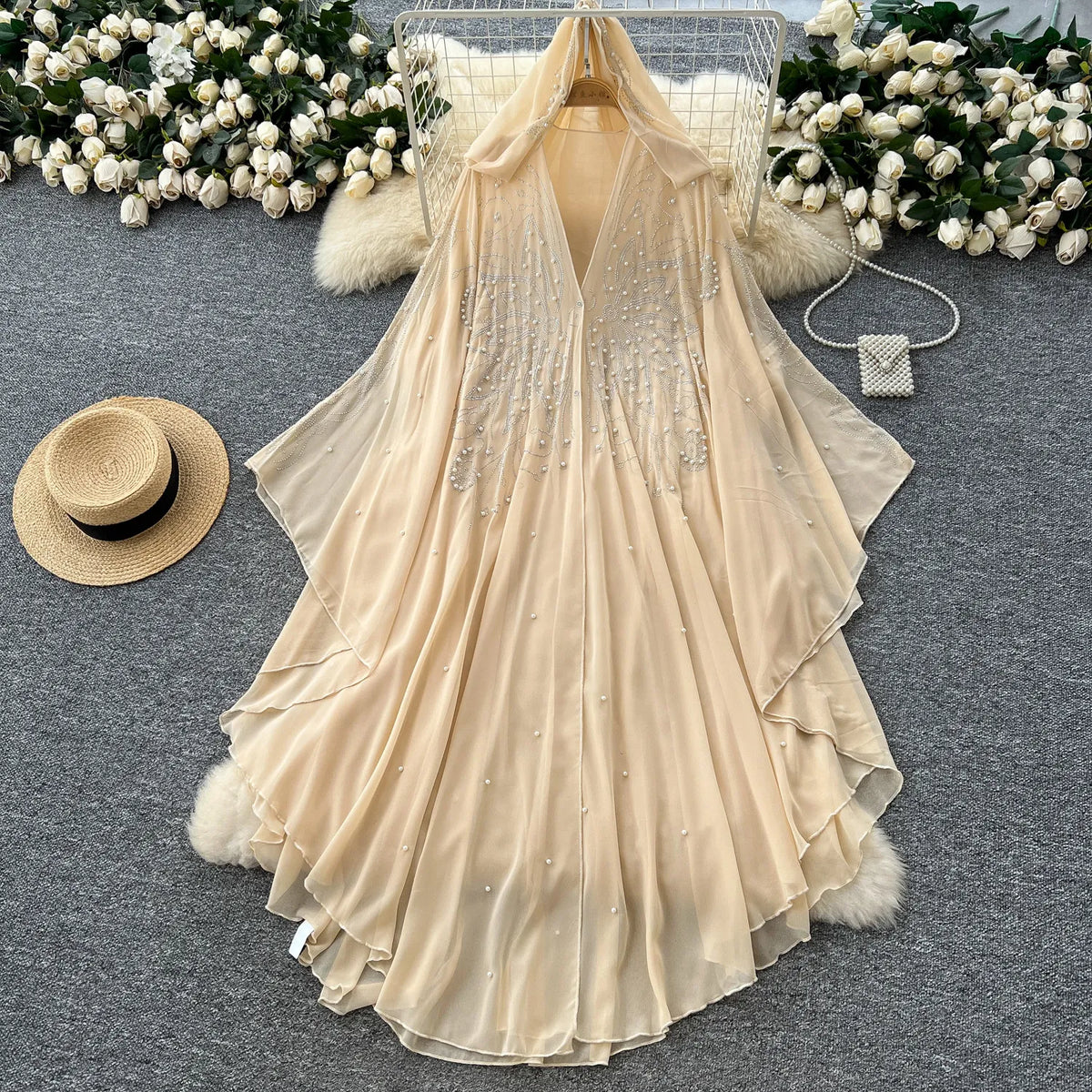 Beaded Sheer Mesh Hooded Cover-Up