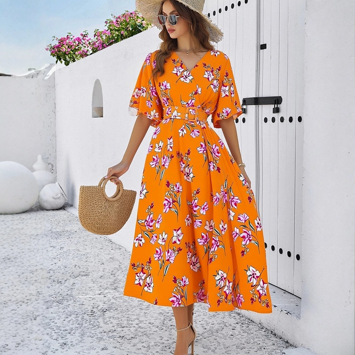 Floral Belted Short Sleeve Maxi Dress