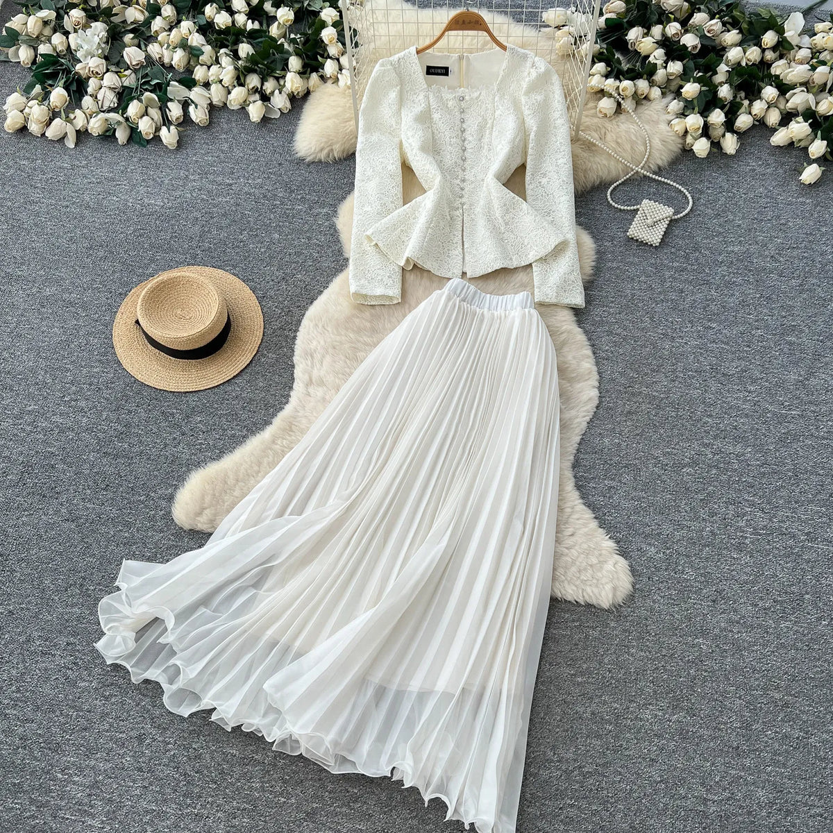 Long Sleeve Top and Pink Pleated Skirt Set