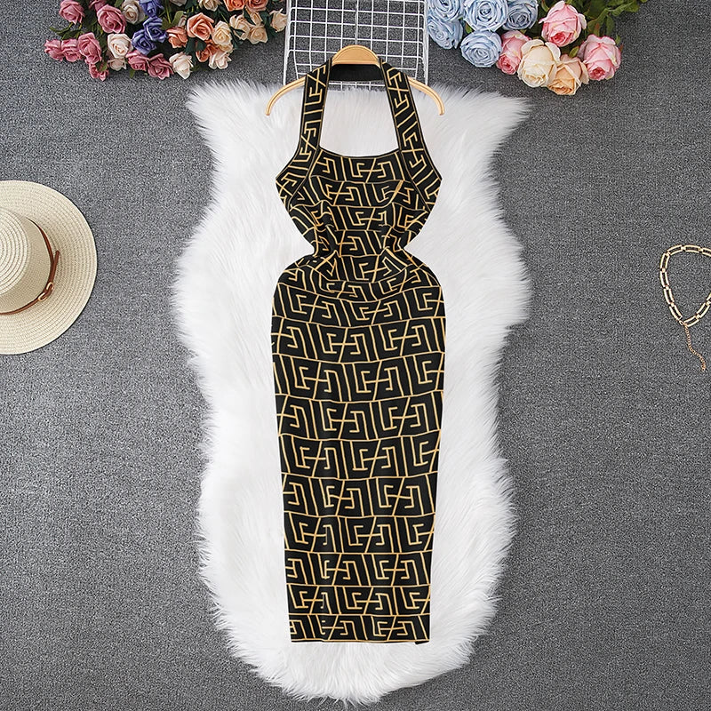 Geometric Knit Halter Bodycon Mini Dress