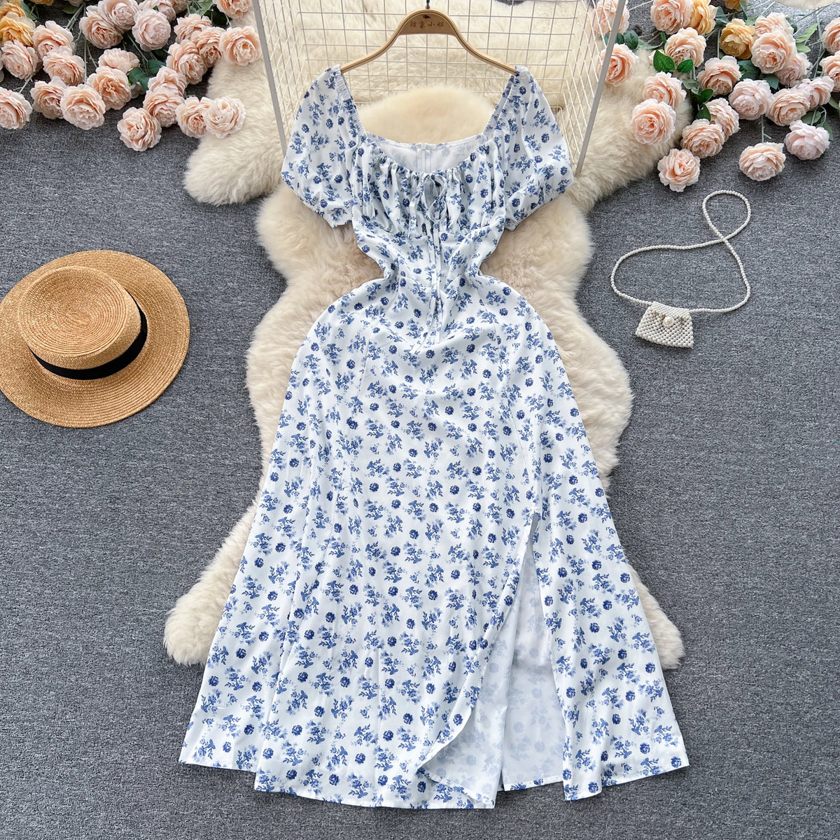 Print Square Neck Puff Sleeve Split Dress
