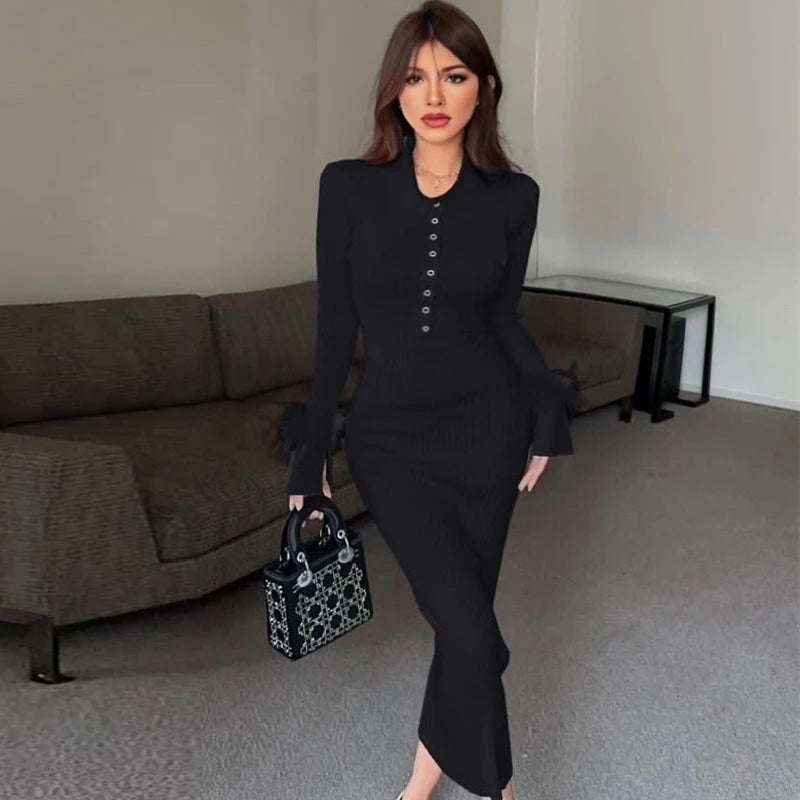 Fur Trim Collared Knit Bodycon Maxi Dress