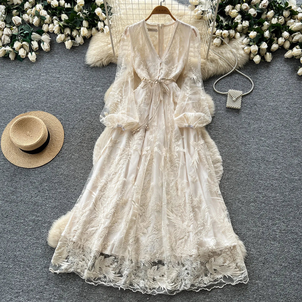 Embroidered V-Neck Lantern Sleeve Maxi Dress